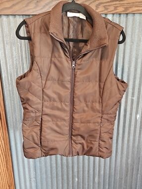 Studio Works Brown Quilted Vest with Ribbed Collar